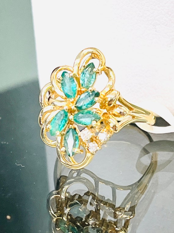 14k Yellow Gold Marquise Emerald Diamond Cluster … - image 3