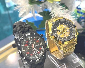 Conjunto de reloj de moda y supervivencia en tono dorado para hombre
