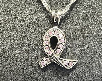 Sterling Silver And Pink Cubic Zirconia Breast Cancer Awareness Ribbon Pendant and Necklace
