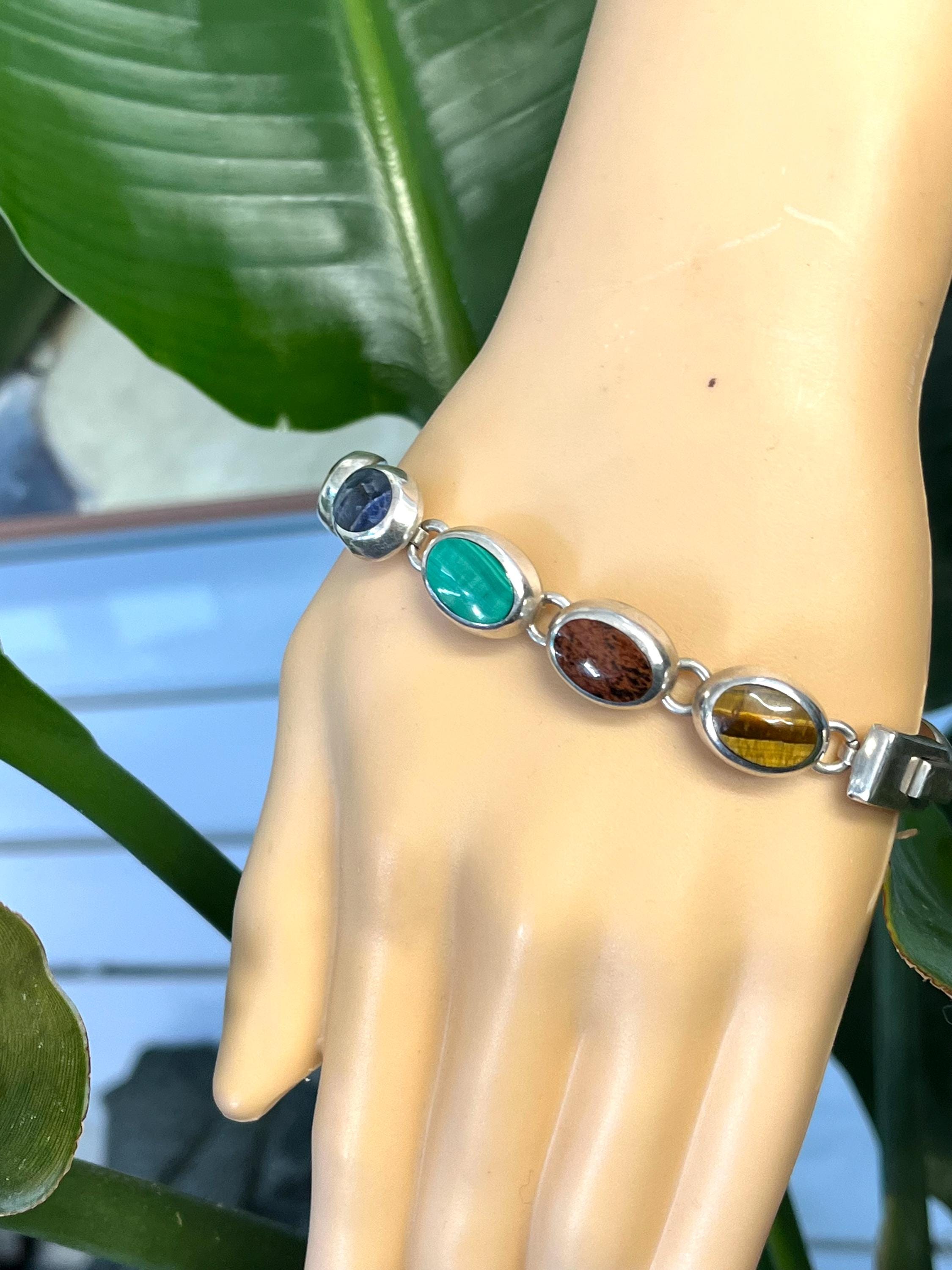 Vintage Sterling Silver Mexico Multi Colored Stone in Lay Link