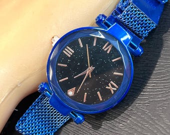 Ladies Magnetic Blue Mesh Band Women Rhinestones Quartz Watch