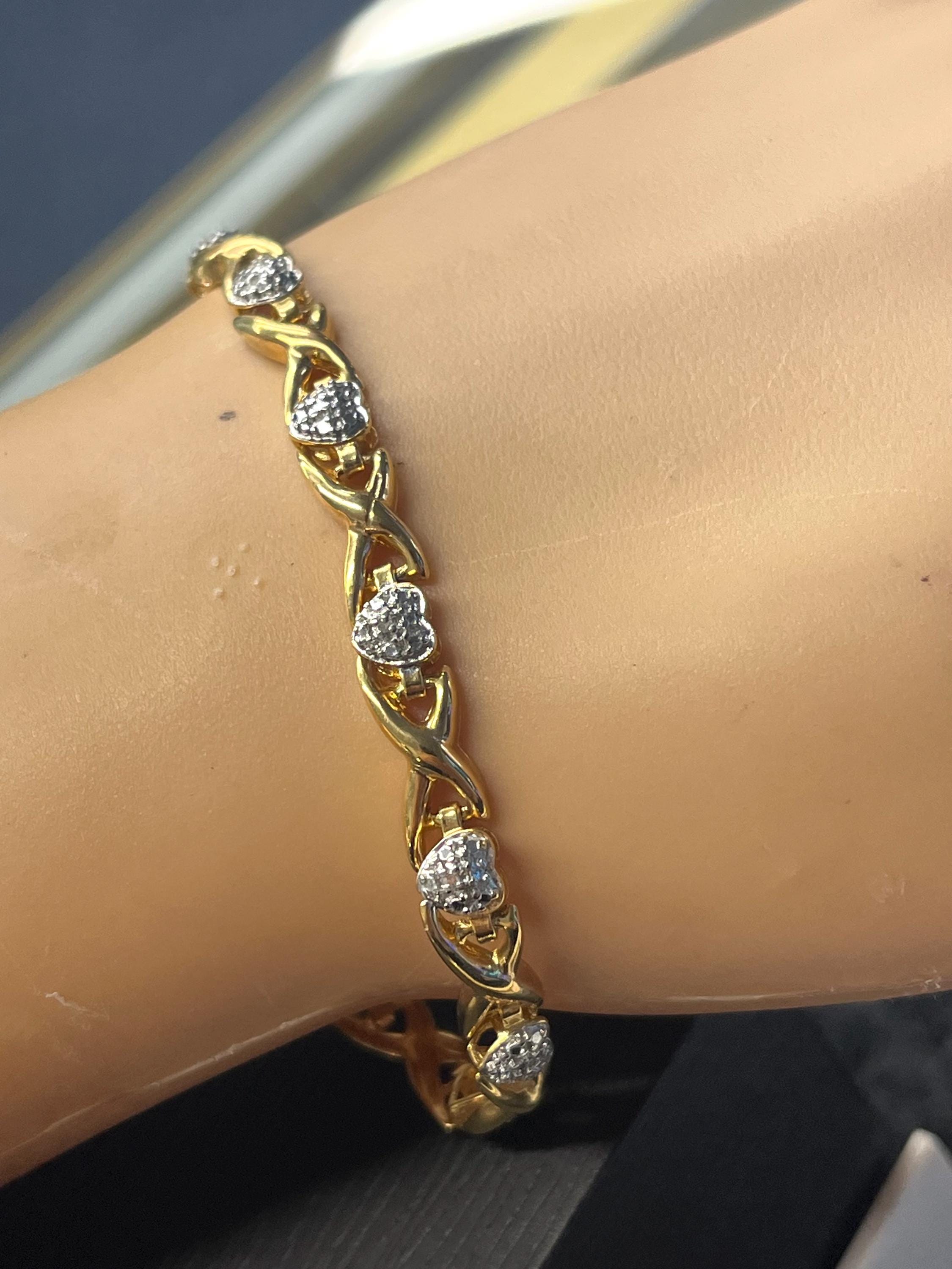 925 18K GP Two-tone X & Heart CZ Paved Link Bracelet(9251539) - Etsy