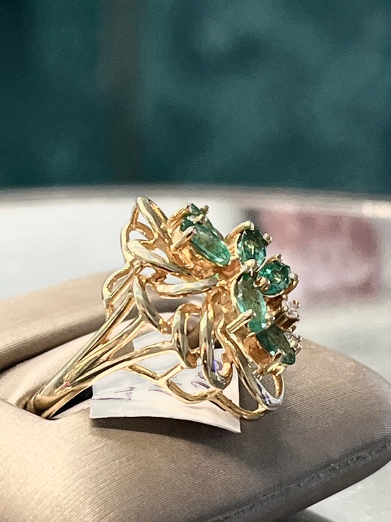14k Yellow Gold Marquise Emerald Diamond Cluster … - image 4