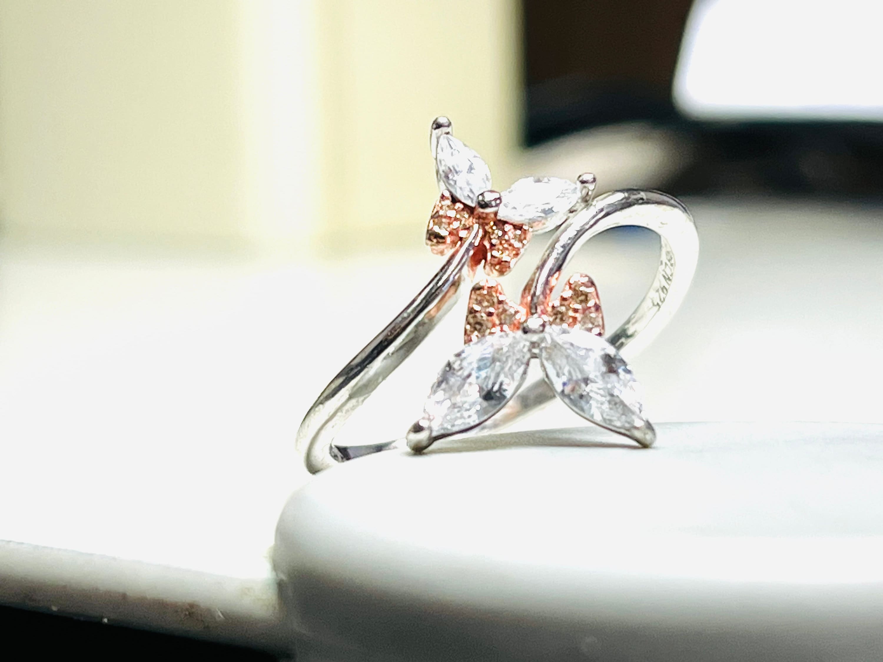 Primose Sterling Silver Cubic Zirconia Rose Color Butterfly Ring