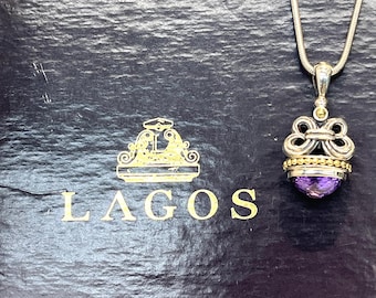 Lagos Caviar Sterling Silver Amethyst Gemstone Drop Pendant Necklace With 18K Gold & Sterling