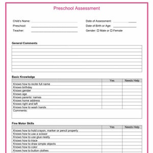 Preschool Assessment Form & Activities Kit - Printable Activity Worksheets, Pre-school students bundle - 20 Pages Instant Download