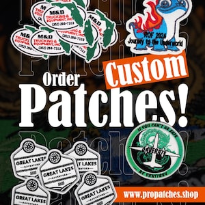 May include: A collection of custom patches with various designs. Some patches feature text like "M&D Trucking & Equipment, Inc." and "Great Lakes Adventure Ohio." Other patches include a cartoon dragon and the text "ROF 2024 Journey to the Underworld."