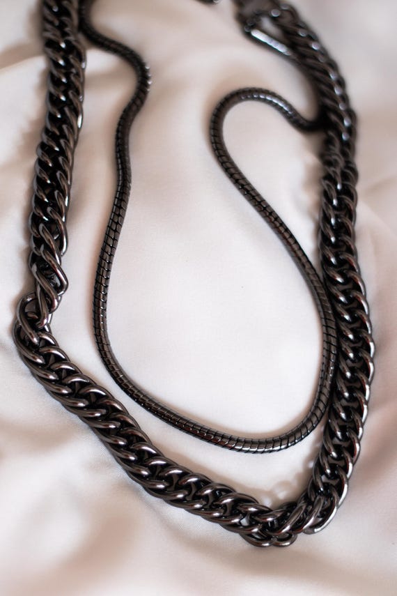 Vintage Gunmetal Double Chain Necklace Chunky Curb Chain & Snake Chain