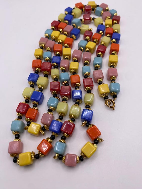 Art Deco Opera Length Multi Color Cube Glass Bead… - image 4