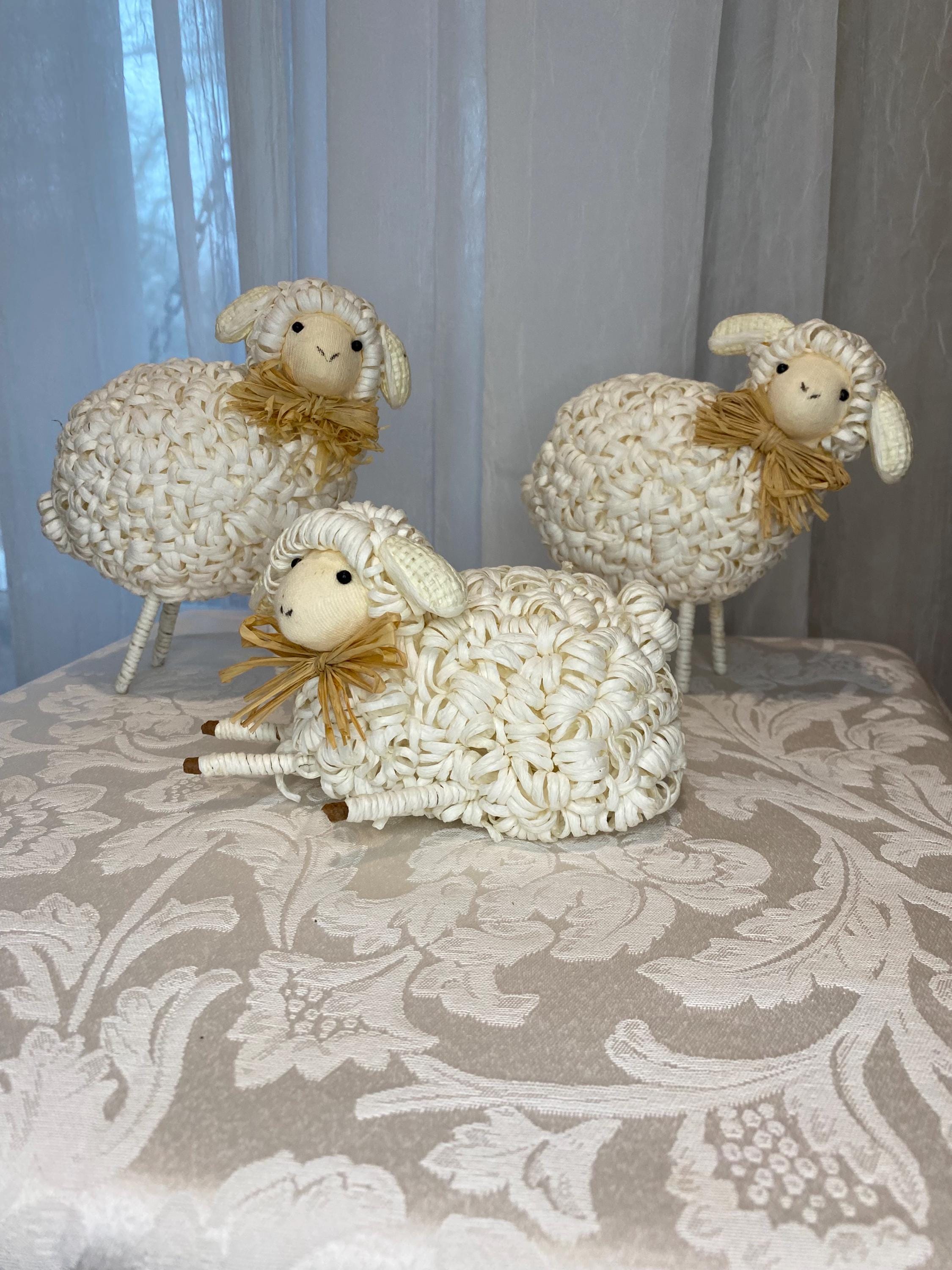 1990s Vintage Set of 3 Farmhouse Woven Sheep Rustic Raffia Lamb