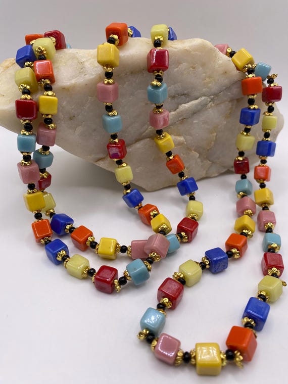 Art Deco Opera Length Multi Color Cube Glass Bead… - image 1