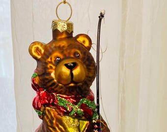 Enfeite de Natal Urso Pescador de Vidro