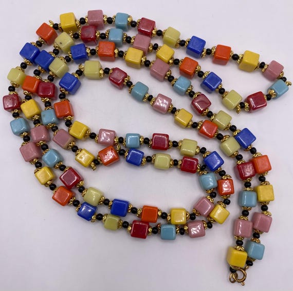 Art Deco Opera Length Multi Color Cube Glass Bead… - image 3