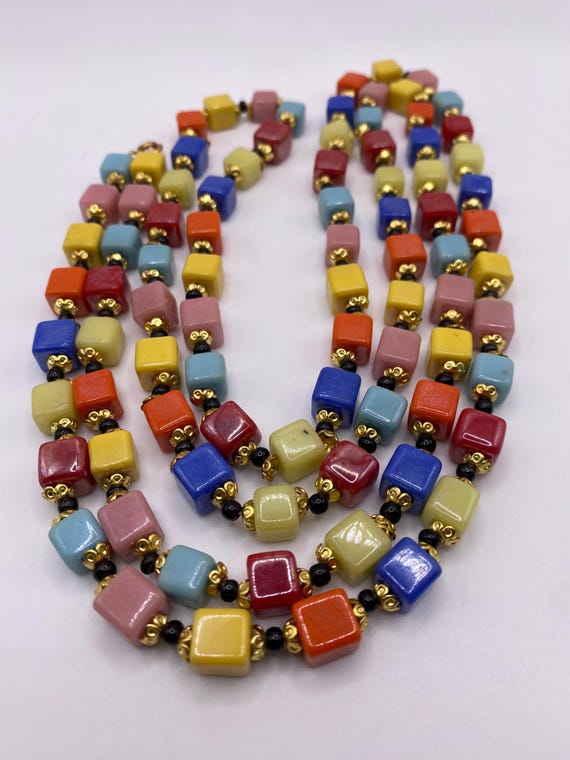 Art Deco Opera Length Multi Color Cube Glass Bead… - image 5