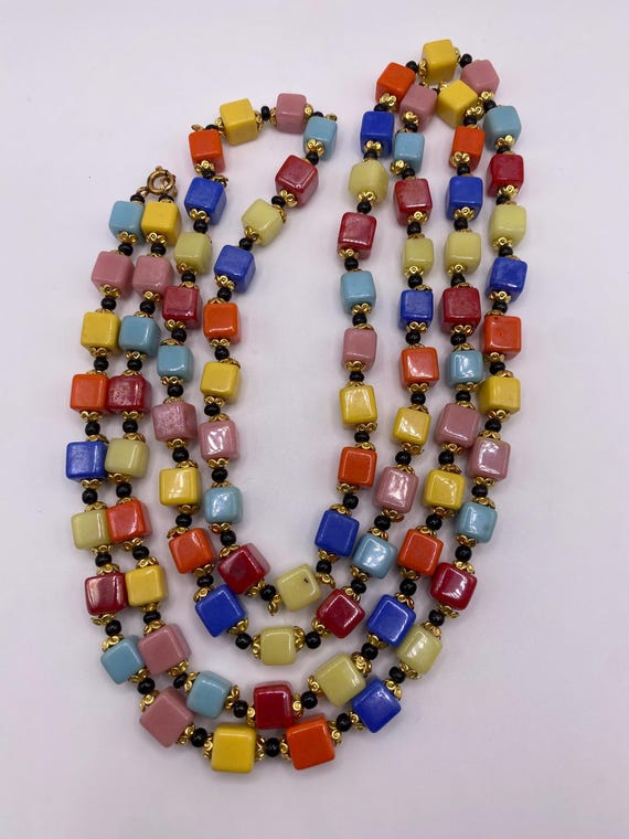 Art Deco Opera Length Multi Color Cube Glass Bead… - image 6