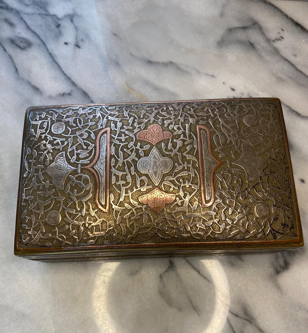 copper cigarette box Mid Century Mid Eastern Brass and Copper Inlaid Box Cigarette Box