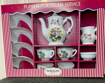 Vintage Roehler Collection Miniature Porcelain Doll Tea Set with Original Box