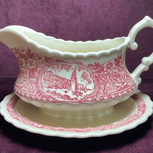 Vintage Early Days Pink Vernonware Gravy Boat with attached Plate