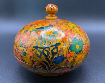 Kashmir INDIA Handmade Paper Mache Floral Round Trinket Box