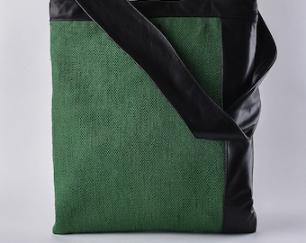 The Green Tagari Bag: Handmade Woven Textile & Genuine Leather Handbag ! Made to Order !