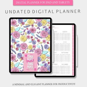May include: A digital planner for iPad and tablets with a floral design and the quote "The more you learn, the more you earn". The planner includes a year-long calendar view.