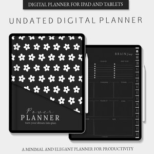 May include: A black and white digital planner for iPad and tablets. The cover features a black background with a white floral pattern. The planner includes a "Brain Dump" section with categories for "Could Do", "Want to Do", "To Message", "To Email", "Follow Up", and "Other". The text "Power Planner" is displayed on the cover with the tagline "turn your dream into plan".