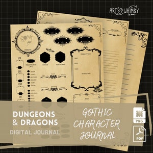May include: A stack of beige paper sheets with black gothic-style borders and text. The sheets are labeled "Dungeons & Dragons Digital Journal" and "Gothic Character Journal." The top sheet has a character sheet layout with boxes and lines.