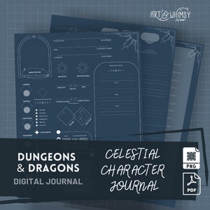 Diario de campaña de DnD 5.ª edición celestial/Hojas de personajes en formato PDF de Dungeons and Dragons 5.ª edición/Diario de DnD imprimible/Diario de la luna y las estrellas