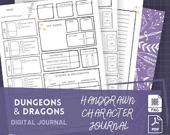 Op de afbeelding: Een digitaal journal voor Dungeons & Dragons, met handgetekende personagebladen. De witte bladen hebben zwarte contouren en secties voor statistieken, aanvallen en spreuken. Het journal heeft een paarse achtergrond met de tekst "Dungeons & Dragons Digital Journal".