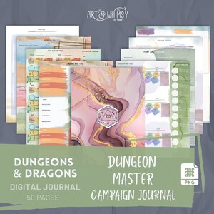 Pode incluir: Um diário de campanha digital para Dungeons & Dragons, com 50 páginas. Inclui folhas para anotações, painéis de controle de PNJs e registros de encontros. A capa apresenta um design marmorizado rosa e dourado com um dado D20. Texto: "Dungeon Master Campaign Journal."