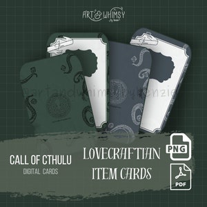 Könnte beinhalten: Drei druckbare digitale Karten für ein Call of Cthulhu Rollenspiel. Die Karten haben einen grünen und grauen Hintergrund mit einem Kraken-Design und dem Text "Item".