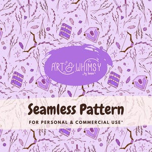 May include: Seamless pattern in shades of purple featuring fantasy elements. The design includes bows and arrows, swords, shields, books, crystals, and sprigs. The text "Art & Whimsy" and "Seamless Pattern" are also visible.