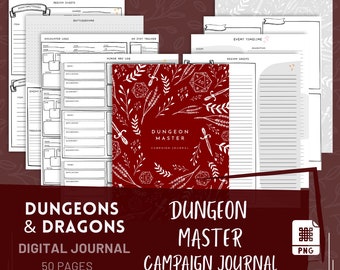 May include: A digital journal for Dungeon Masters, featuring a red cover with a white pattern of swords, dice, and floral elements. The text "Dungeon Master Campaign Journal" is printed in white on the cover. The journal includes 50 pages of printable content.