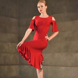 Red tango dress Nerea -SM8030-195 by Dance Everywear, mermaid silhouette, cold shoulders, butterfly sleeves