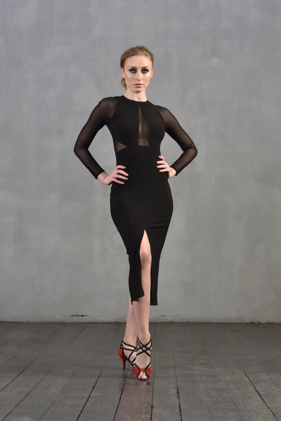 knee length dresses for ladies Sierra Dress Black Bodycon Midi with Sheer Panels main image 0