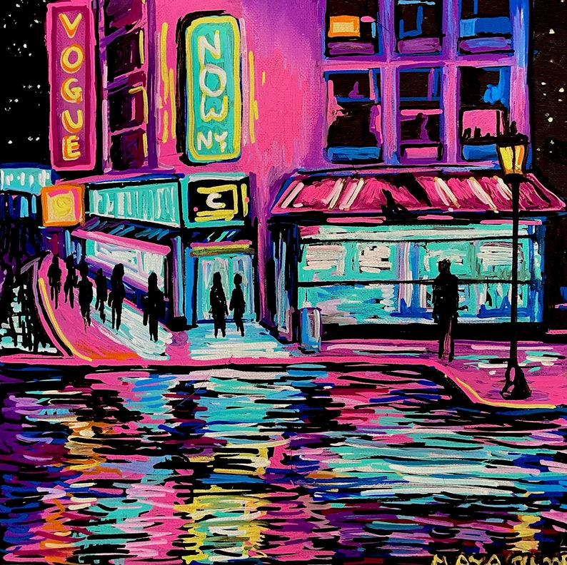 Colorful City Neon Downtown Original Acrylic Painting Etsy Canada