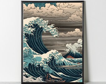 Ukiyo-e Style Ocean Waves 4 - Printable Wall Art, Digital Download, Fantasy Art, Japanese Art, Japanese Wall Art, Midjourney A.I
