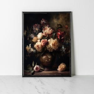 Moody Vintage Flower 3, Dark Floral Still Life, Oil Painting, Printable Wall Art, Digital Download, Printable Antique Art, Midjourney A.I