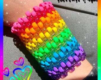 Rainbow Glitter Kandi Cuff |Scene Emo Scenecore Multi Stitch Cuff | Pride | LGBTQ+ | Statement Piece | PLUR | EDM | Rave