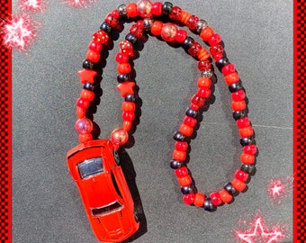 Red Car Rave Kandi Necklace | Meme Kandi | Scenecore Perler Charm |Kandi Charm | Y2K | Scene | Emo | Scenecore | Rave PLUR Cute