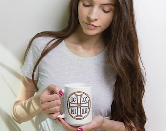 Tazza con croce ortodossa, regali ortodossi per papà, regali ortodossi per bambini, regali ortodossi per mamme, bianco lucido, IC XC NIKA, Gesù vince