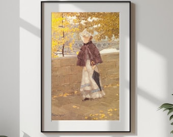 Paris Wall Art Print, Lady Walking Along The Seine Painting, Romantic Paris Artwork, Vintage Printable Download #422