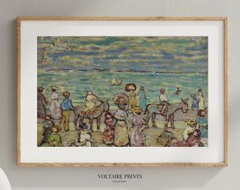 Beach Scene Wall Art Vintage Coastal Painting, Seaside Lifestyle Print, Summer Beach Decor Printable #382