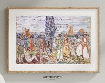 Beach Scene Wall Art Vintage Coastal Painting, Colorful Seaside Print, Summer Beach Decor Printable #396