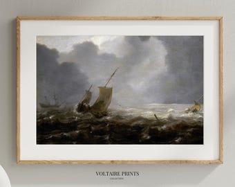 Vintage Stormy Sea Wall Art Print, Dramatic Boat Seascape Painting, Antique Nautical Ocean Artwork, Moody Coastal Decor Download #1