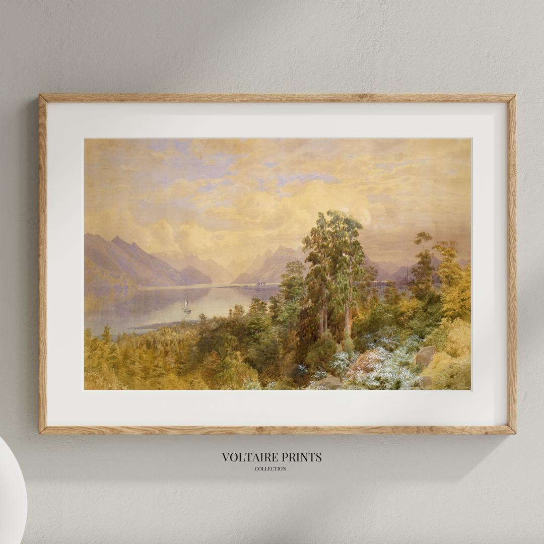 Vintage Pink Lake Landscape Wall Art Antique Mountain Lake Painting ...