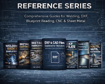 May include: A collection of books titled "Metal Fabrication & CAD Reference Series" on a dark blue background. The books cover topics like welding, DXF files, blueprint reading, and sheet metal. The book covers are dark blue with white text and illustrations.