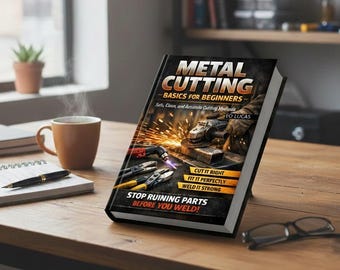May include: A book titled "Metal Cutting: Basics for Beginners" with a cover featuring welding tools and sparks. The book includes the text "Cut it Right, Fit it Perfectly, Weld it Strong" and "Stop Ruining Parts Before You Weld!" on a wooden table.