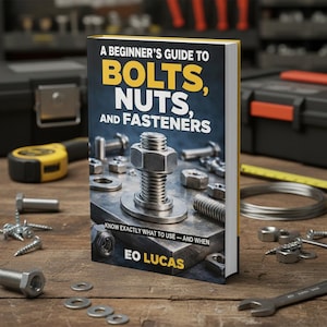 May include: A book titled "A Beginner's Guide to Bolts, Nuts, and Fasteners" stands on a wooden surface. The cover features a large bolt and nut, with the text "Know Exactly What to Use - And When" and the author's name, EO Lucas.