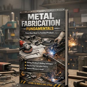 Op de afbeelding: Een boek getiteld "Metal Fabrication Fundamentals" met de ondertitel "From Raw Sheet to Finished Product". De omslag toont lassen, metaalsnijden en blauwdrukken. Het boek behandelt snijden, buigen, lastechnieken, stapsgewijze fabricage en veelvoorkomende fouten.